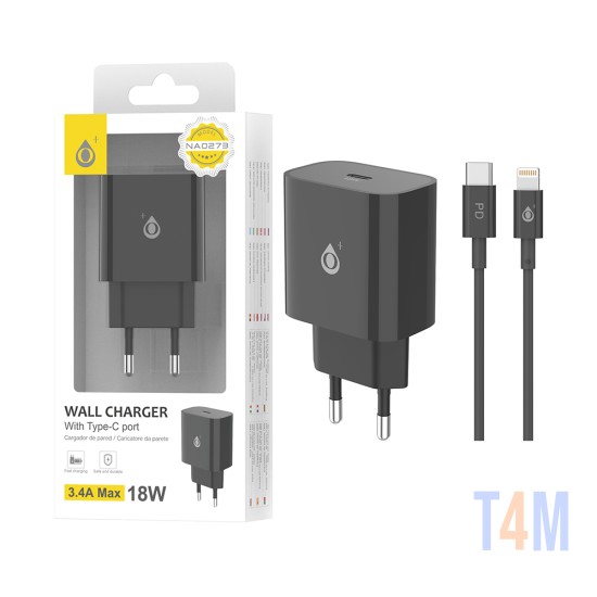 Carregador de Parede EU OnePlus NA0274 com Cabo Tipo C para Relâmpago 1PD Porta 3,4A Máx. 18 W Preto